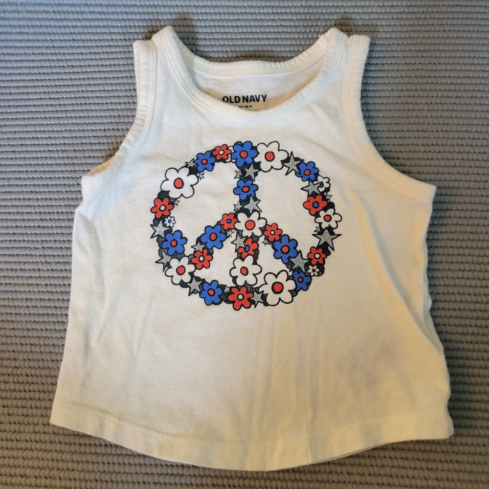 👶🏼 4/$10 12-18 Month Old Navy Patriotic Sleeveless Tank Peace Red White Blue